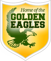 Gold shield with green eagle facing right side swooping down with name of Morris Knolls High School mascot, the Golden Eagles